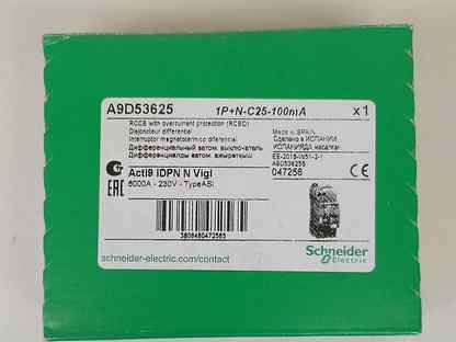 Дифференциальный автомат Acti9 iDPN N Vigi, 1P+N 25А кривая C, 100мА, тип Asi, 6кА A9D53625 Schneide